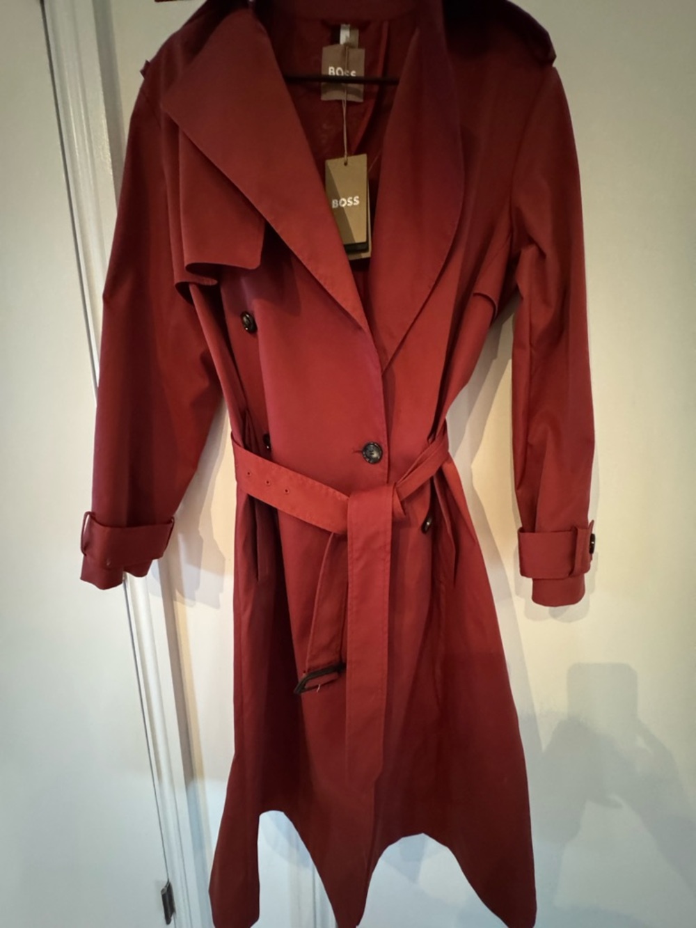 BOSS Women's Rust-Red Double-Breasted Trench Coat with Belt
